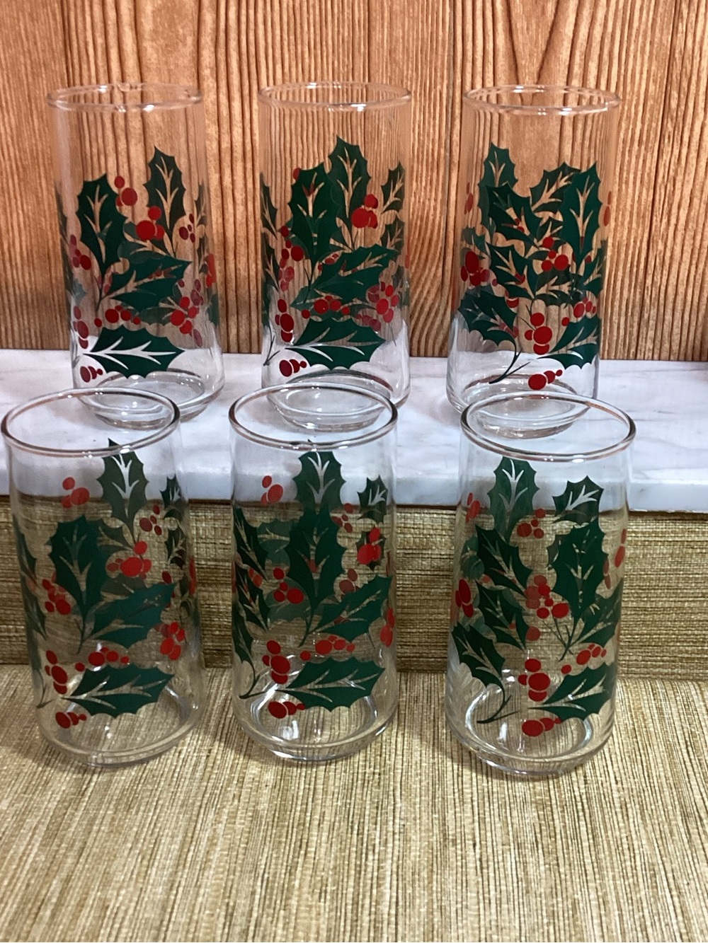 Set of 6 Vintage Indiana Glass Holiday Holly Glasses - Red & Green